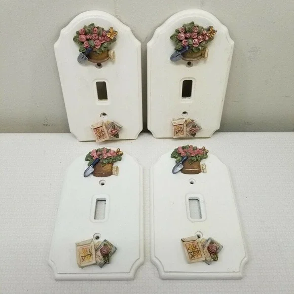 4 Vintage Light Switch‎ Wood Plate Cover Floral Gardening Trowel Decoration 3D