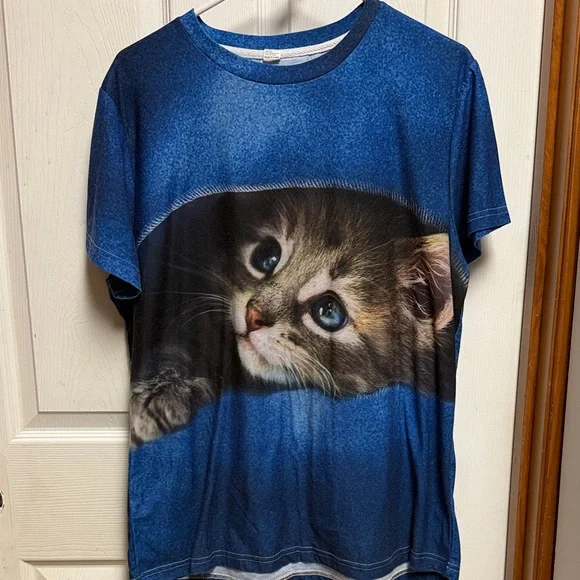 Blue Cat Print T-Shirt