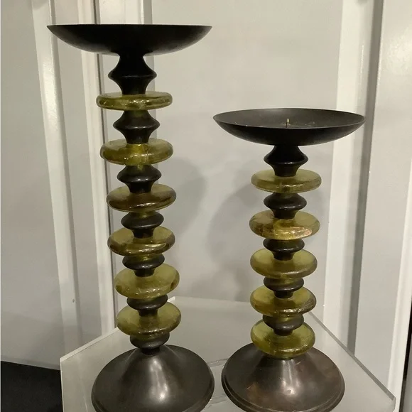 Z Gallerie Bronze and Olive Candle Hand Blown Glass Candle Sticks Holders