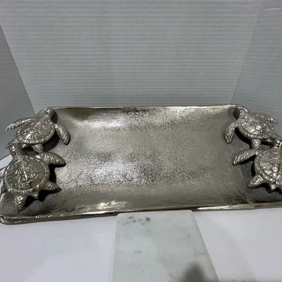 Z GALLERIE Silver Metal Decorative Tray with Embossed Turtle Figurines -RARE