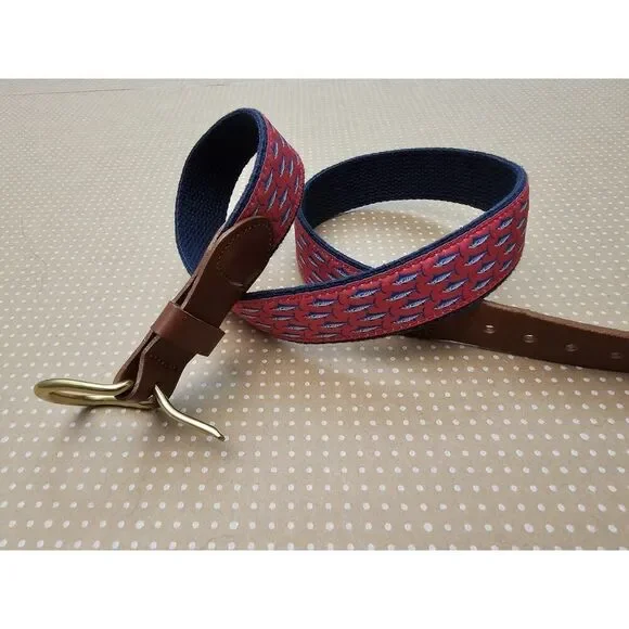 Leather Man LTD Essex CT USA Canvas Leather Fish Belt Mens Sz 32 Red Swordfish