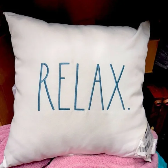 Rae Dunn White/light blue letters “Relax” Pillow w: umbrella print on back NWT