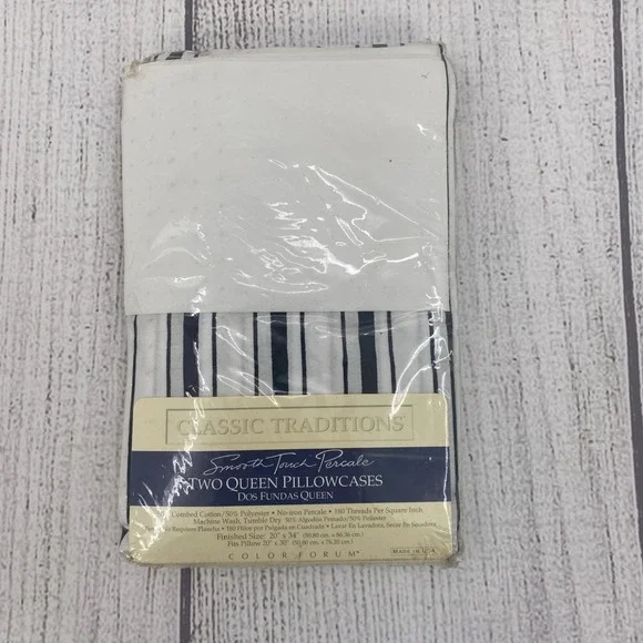 Classic Traditions Pillowcase Set QUEEN Black White Stripe Smooth Touch Percale