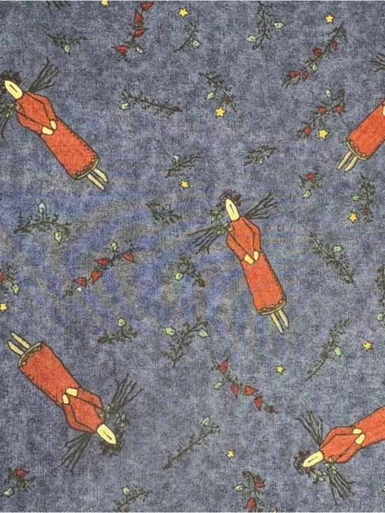 2 Yards Whimsical Red Doll Print on Heather Blue Cotton Quilt Fabric #370