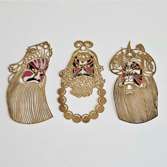 Vintage Sichuan Beijing Opera Enamel Brass Bookmarks Set of 3 Chinese Masks