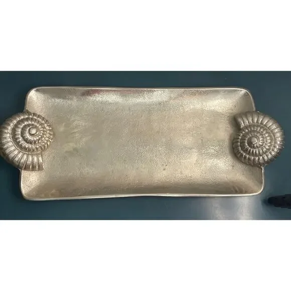 Z GALLERIE Silver Nautilus Sea Snail Handles Coastal Serving Decorative Tray
