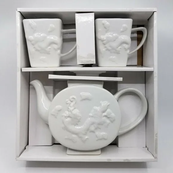 Z Gallerie White Chinese Dragon Tea Pot Set w Mugs White OPEN BOX