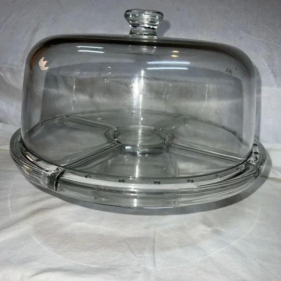 NIB Gallerie Glass Pedestal Cake Plate W/ Dome Cover 4-in-1 Bowl, Divided Plate