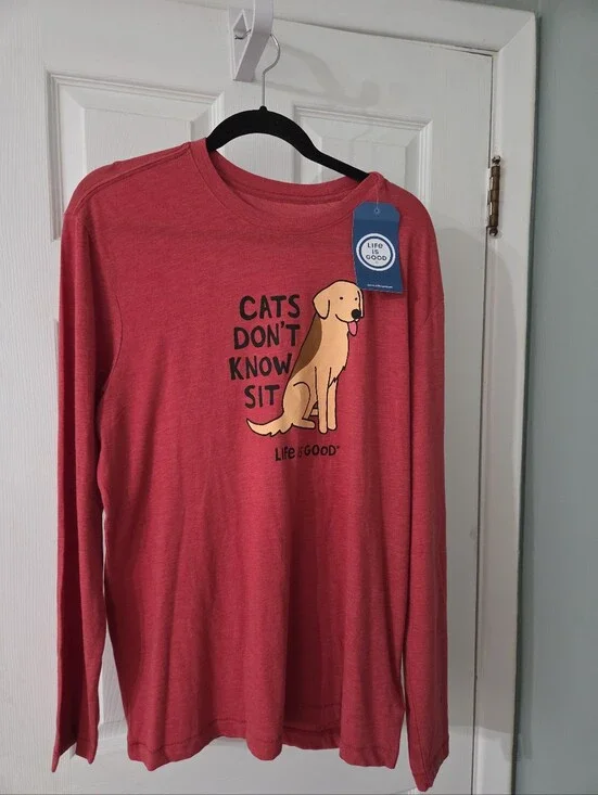Life Is Good Red Long-Sleeve Pet Tee with Playful Dog Graphic. L. NWT