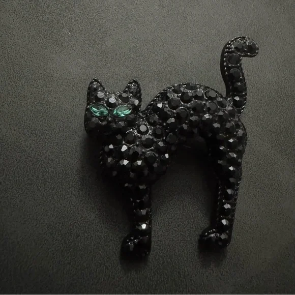 Monet Black Crystal Cat Pin with Emerald Green Eyes