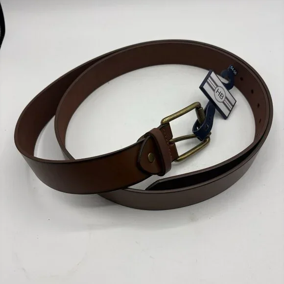 HB Men’s Brown Burnished Leather Belt Antique Brass Buckle Size 54–56 XL NWT