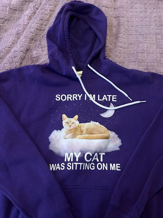 Purple Cat Hoodie - 'Sorry I'm Late My Cat Was Sitting On Me'