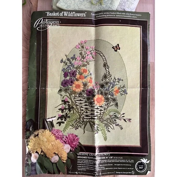 Paragon Crewel Embroidery Kit Floral Basket 16 x 20 Work In Progress