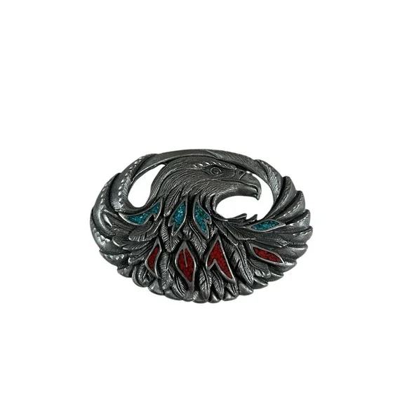 Turquoise Coral Eagle Biker Veteran Native American 2002‎ Vintage Belt Buckle