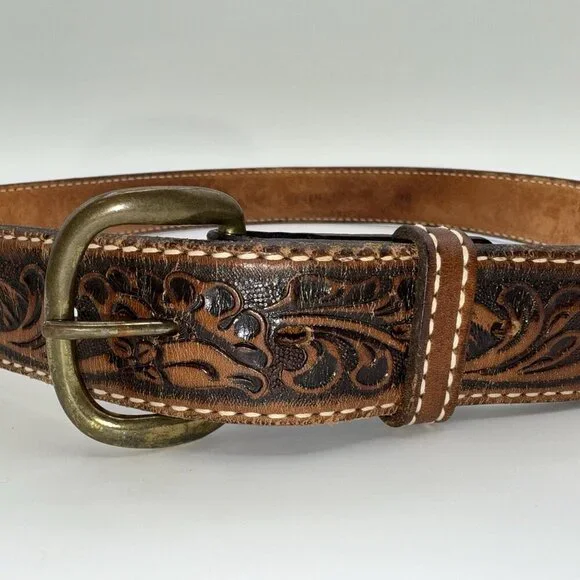 Vintage Leather Men’s Belt Tooled Horse Design Sz 36