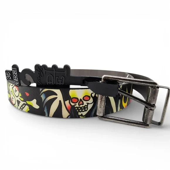 Ed Hardy Live to Ride Reversible Belt Mens Sz 36 Graphic‎ Print Metal Buckle NEW