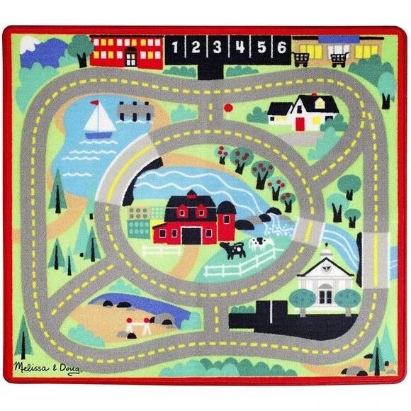Melissa & Doug Round the Town Road Activity Rug w/ 4 Wood Cars 39x36