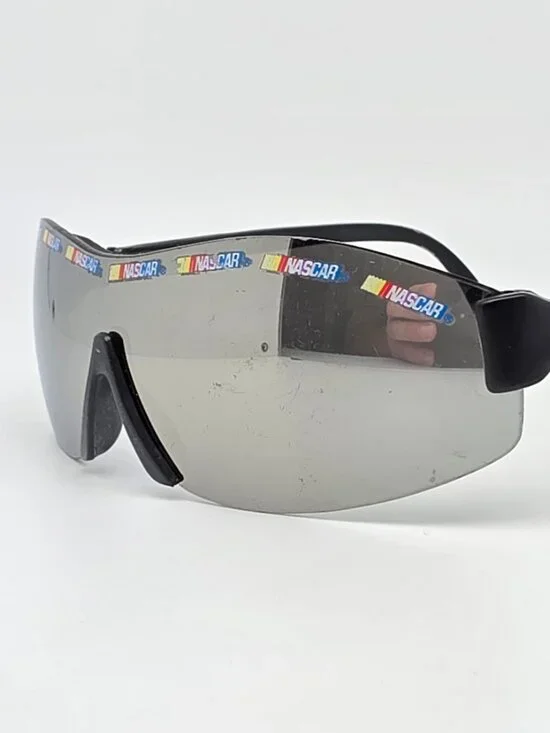 Nascar Black Frame Silver Mirror Lens Shield Racing Sunglasses 130-13-112 1990s