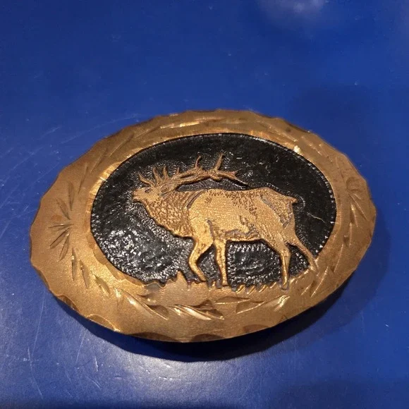 Copper Tone Elk Stag Belt Buckle Oval Black Enamel Wildlife