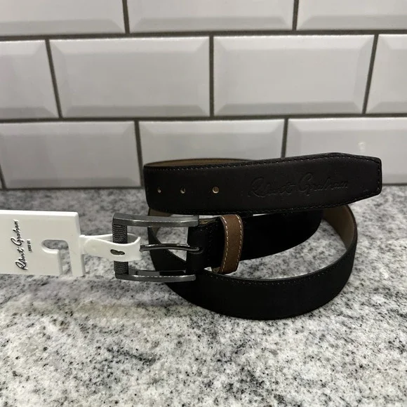 ROBERT GRAHAM Signature Ripaso‎ Rich Black Leather Belt Size 40 Men's Gun Metal
