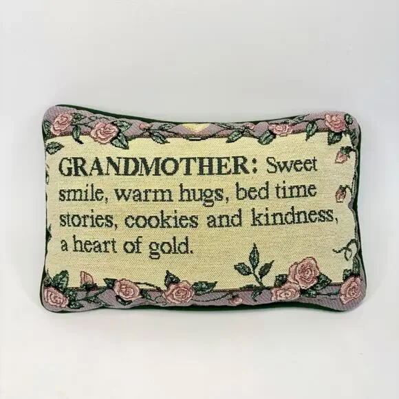 Tapestry Throw Pillow Grandmother Sweet Hugs Stories Cookies Roses Green VTG