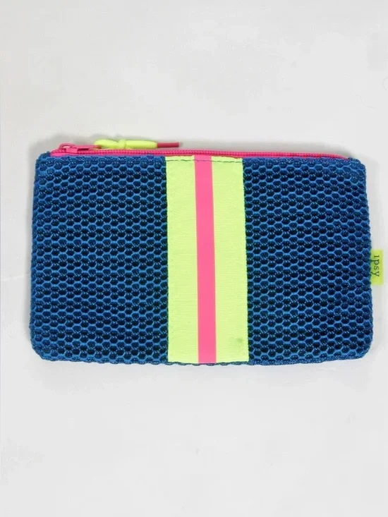 Ipsy Mesh Cosmetic Pouch Neon Blue Lime Pink Makeup Bag Athleisure Zip Case