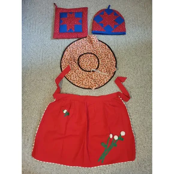 Handmade‎ MCM Pot Holder, Mitts & Half Apron Red Floral Kitchen Country Quilted