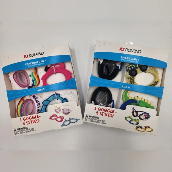 Set Of 2 Dolfin Kids Unicorn and Shark 3-in-1 Swim Goggles - Pink, Blue, Black