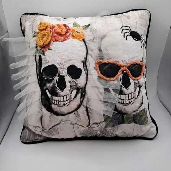 Halloween Skull Couple Bride & Groom Spider Throw Pillow Gorgeous! 12