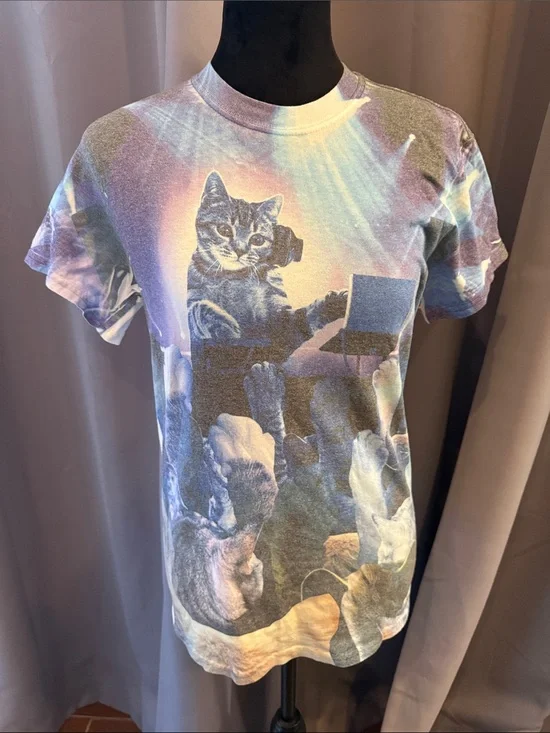 Gildan Cat DJ Graphic Tee - Blue Purple Multi