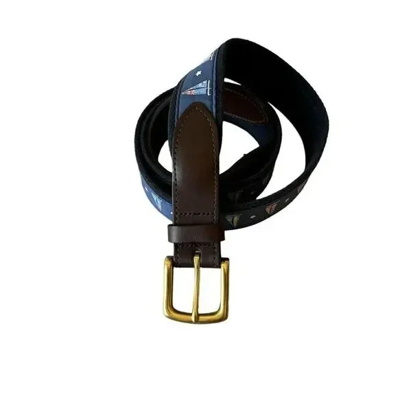 Vineyard Vines America’s Cup Navy Sailboats Canvas Club Belt Brown Leather SZ 44