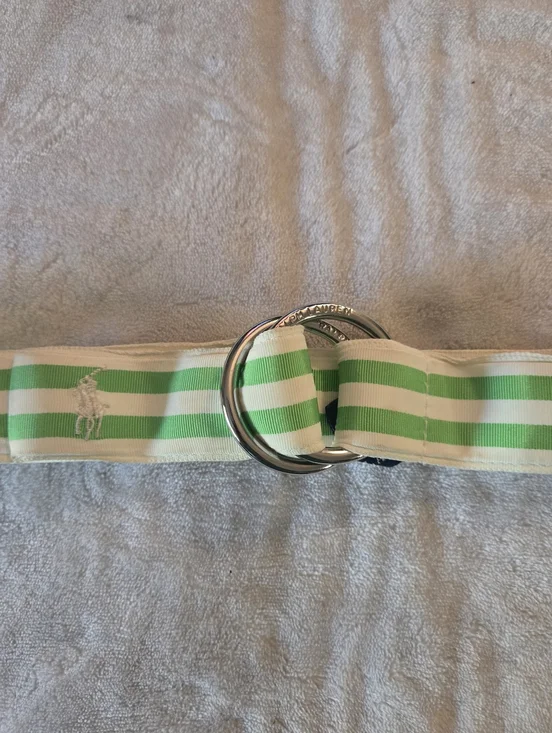 Ralph Lauren Green and White Striped D-Ring Canvas Belt 36