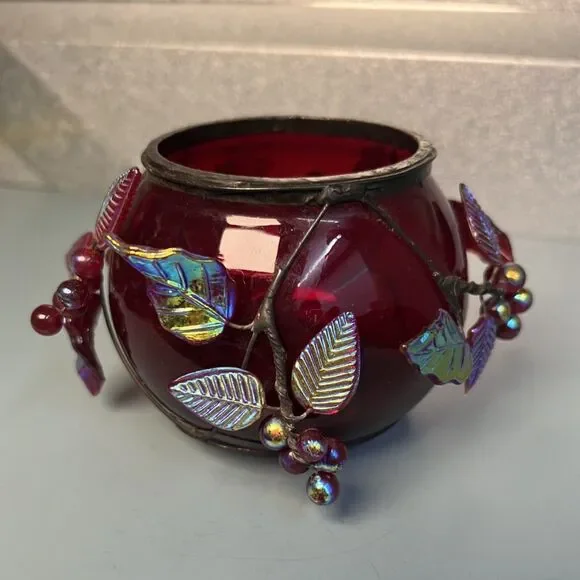 Vintage Cranberry Red Glass Centerpiece Bowl/Vase with Iridescent Leaves