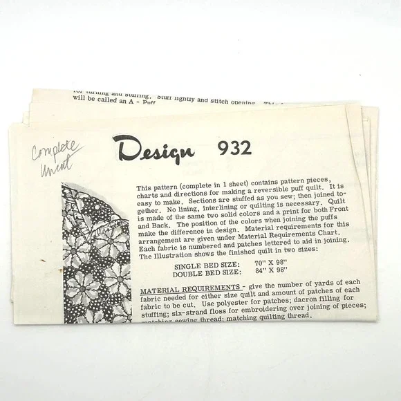 Vintage‎ Reversible Puff Quilt Pattern #932 HTF RARE