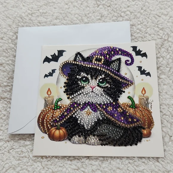 Halloween Cat Greeting Card Black and Purple Design Diamond Painting Art