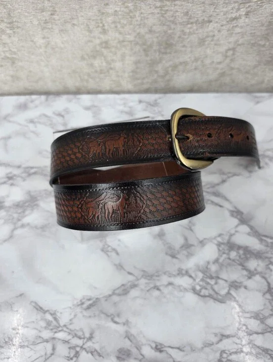 Vintage Deer Embossed Leather Men’s Belt - Brown Black