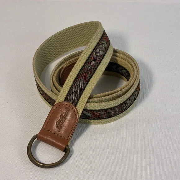 Vtg 90s LL Bean D-Ring Belt Men's Tan Aztec Canvas Leather Made in USA Heritage