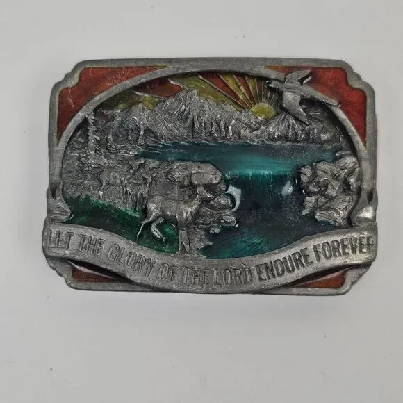 Siskiyou Belt Buckle Religious‎ Enamel Wilderness Outdoor Scene 80s Pewter Vtg