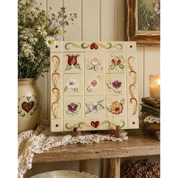 Vintage 1982 Hand Painted Floral Wood Folk Art Decor Signed Cottage Farmhouse