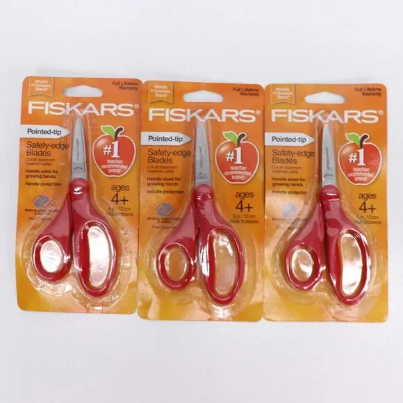 3x Fiskars Kids School Scissors Red Pointed Tip For Both Left And Right Handed