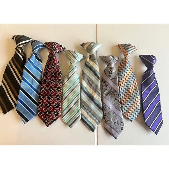 Lot of 8 Boys Clip On Neckties Assorted Stripes Paisley Geometric Formal Ties 9