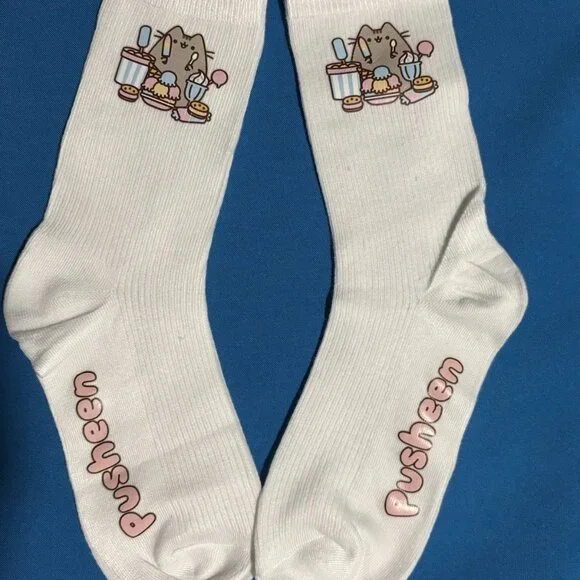 Kitty Cat Anime Girl's Women's Teen's Crew Socks Ice Cream Party