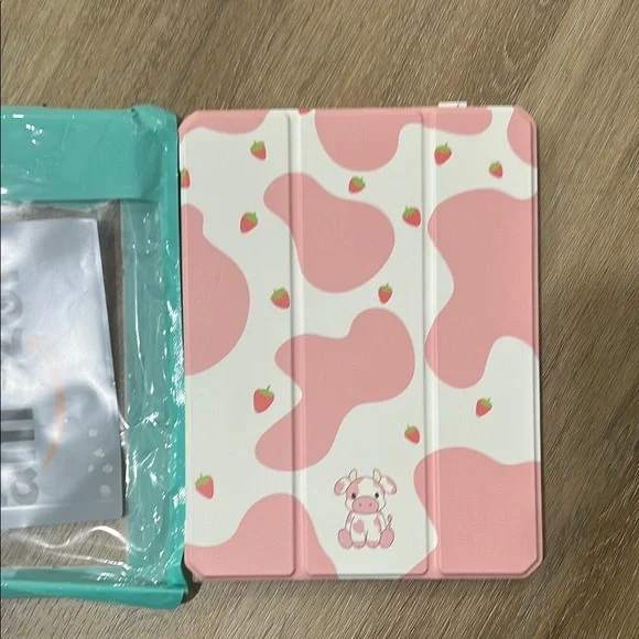 Pink and White ipad case with Cute Cow Design - pencil holder and stand