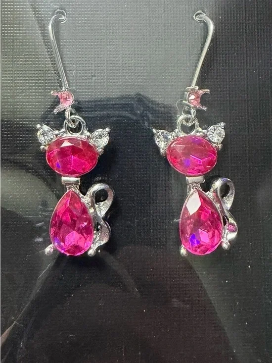 Pink Crystal Cat Dangle Earrings - Fashion Pet Jewelry