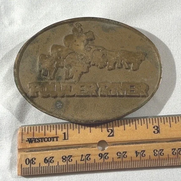 Vintage‎ Powder River Brass Belt Buckle Cowboy Herding Cattle Western Oval