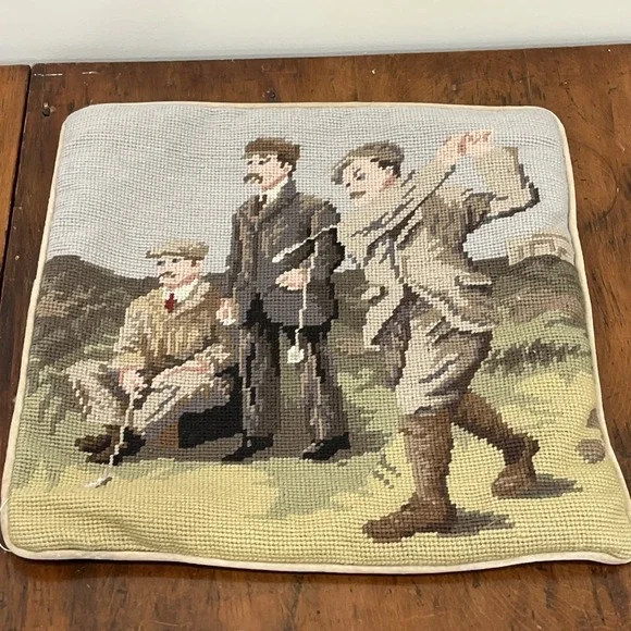Golfers Needlepoint Pillow-Wool-14 Inches- Velver-Feel Backing With Zipper