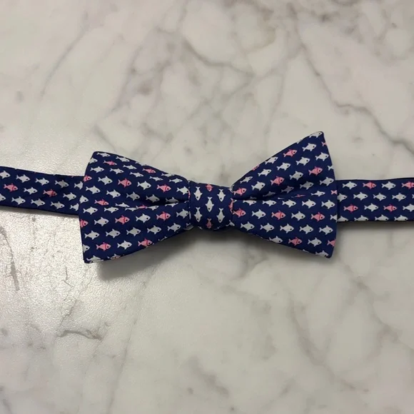 Chaps Kids Bow Tie with Navy and Pink Fish Design 100% Silk