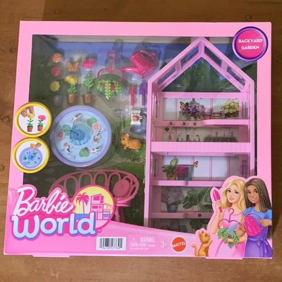 Barbie World Pink Backyard Garden Playset Flowers Pots Fish Pond
