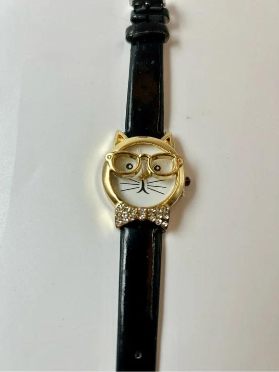 Cat Face Watch with Gold Accents and Black Strap