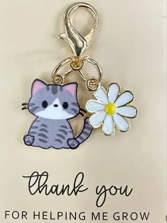 Cute Gray Cat and Daisy Pet Collar Charm - Gold Hardware